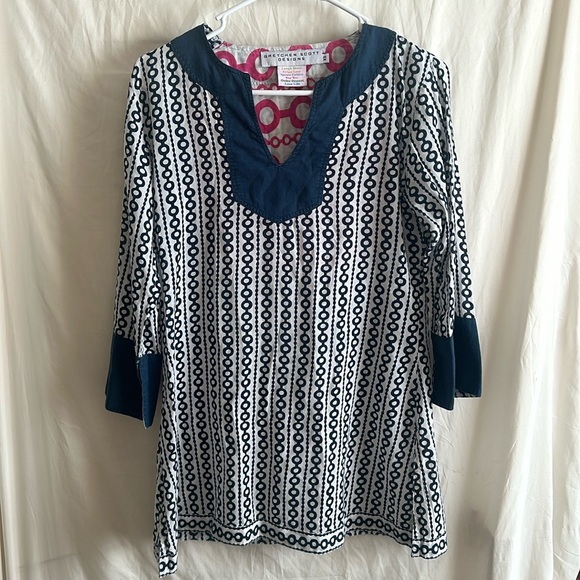 Gretchen Scott Designs women’s size XS 100% Cotton Tunic. White and Navy Blue - Picture 1 of 5